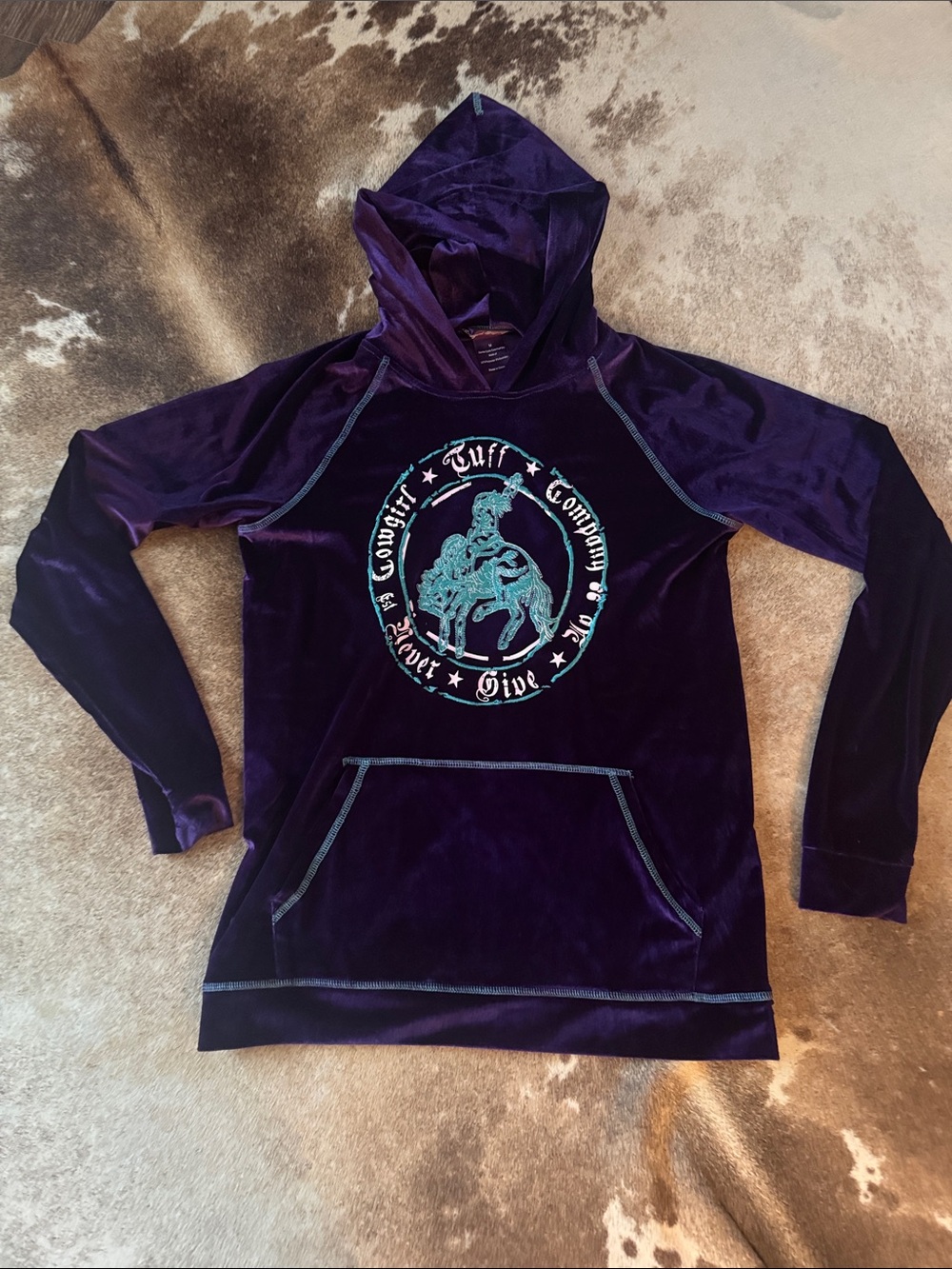 Cowgirl Tuff Deep Purple Velvet Hoodie with Teal Rodeo Emblem